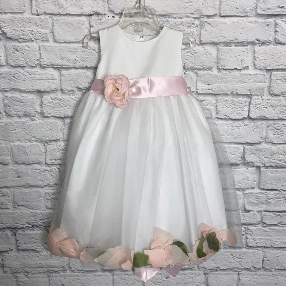 Us Angels 4T White and Pink Petal Tulle Flower Girl Dress